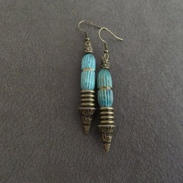 Patinated hammered bronze earrings, bohemian boho patina earrings, ethnic statement earrings, bold teal earrings, unique earrings 
