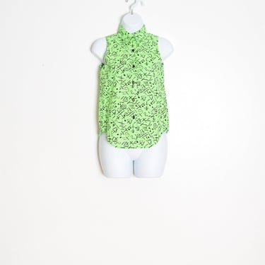 vintage 80s crop top neon green black print babydoll shirt blouse kinder XS XXS clothing 