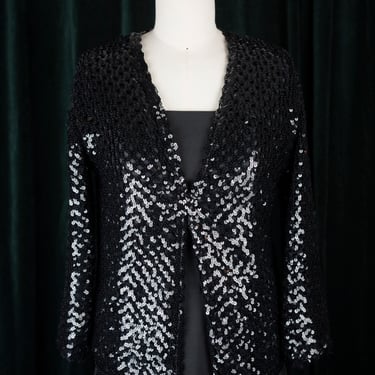 Vintage 80s Woven Black Sequin Lined Cardigan Jacket 