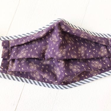 Purple Calico Paisley Print Mask, Reusable 3 Ply Cotton Mask, Pleated + Patterned, Medium Womens Size, Cool + Well Made, Choice of Fastening 