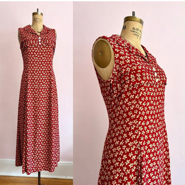 1990's Size 10 Red & Gold Floral Sleeveless Midi Dress 