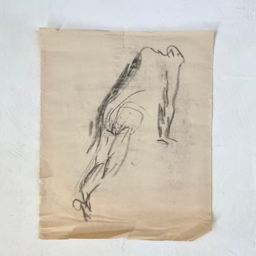Original Unframed Vintage Charcoal Drawing Arrwork, 1960s Original Unsigned Abstract Nude, Original Sketch on Parchment Paper 