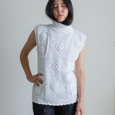 Vintage white cotton blend embroidered mock neck sleeveless sweater // S (1342) 