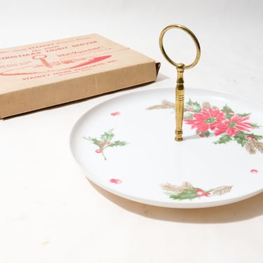 Vintage Tidbit Tray, Christmas Serving Tray, Poinsettia Pattern, with Center Handle, Cookies, Appetizer Tray, 1960s 