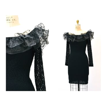 Vintage 80s 90s Black Lace Ruffle Dress off the shoulder Black ruffle Dress Body Con Size Small Medium// 80s 90s Black Party Cocktail Dress 