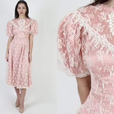 80s Light Pink Gunne Sax Dress / 1980s Romantic White Floral Lace Dress / Deco Puff Sleeve Tea Party Wide Collar Midi 