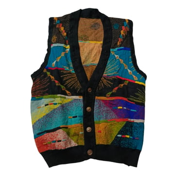 Vintage 90's Coogi Style Cardigan Vest Sleeveless Sweater | Cardigan for Women | Textured Pictorial Pattern | Cosby Biggie Streetwear 