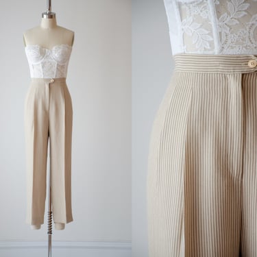 high waisted pants | 90s vintage light brown tan beige striped dark academia straight leg ankle trousers 
