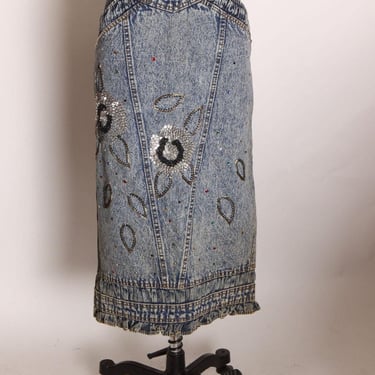 1980s Blue Denim Acid Wash Rainbow Bedazzled Silver and Black Floral Flowed Sequin Pencil Skirt by Pat & Janet -L 