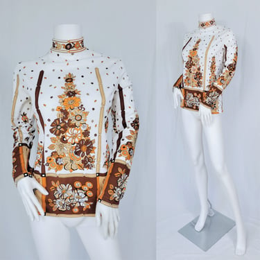 1970's Orange White Floral Print Poly Turtleneck Shirt I Top I Blouse I Sz Med 