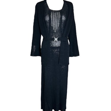 1930s Deco Knit Boucle Black Dress with Sweater + Belt Ensemble