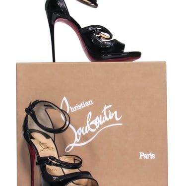 Christian Louboutin - Black Patent Leather Open Toe Stilettos w/ Sparkly Trim Sz 8