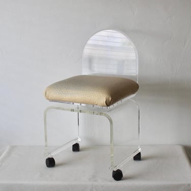 Vintage Lucite Padded Faux Leather Swivel Seat Vanity Chair with Castors 