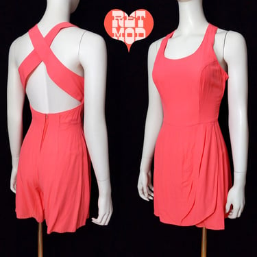 Vibrant Vintage 90s Bright Salmon Criss Cross Halter Romper Dress 