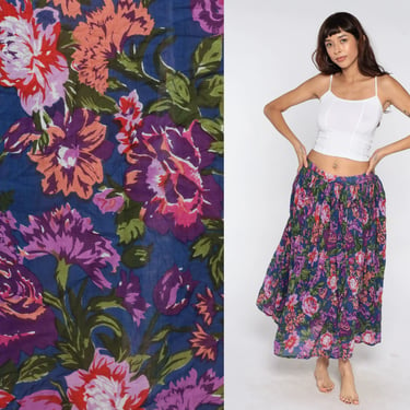 Broomstick Maxi Skirt Floral Boho Hippie Flower Print Blue Purple Skirt 90s Maxi Bohemian Vintage Festival 1990s Vintage Retro Medium Large 