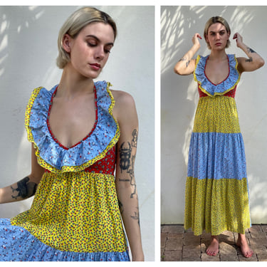 1960's Halter Dress / Novelty Strawberry Printed Little Prairie Cotton Maxi Dress / Open Back Sexy Late Sixties Haute Hippie Boho Dress 