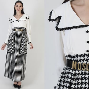 S. Howard Hirsch Cottagecore Dress, White Houndstooth Tweed Maxi, Vintage 60s Long Tuxedo Gown 