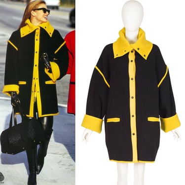 Escada 1992-93 F/W Ad Campaign Vintage  Black & Yellow Wool Reversible Coat 