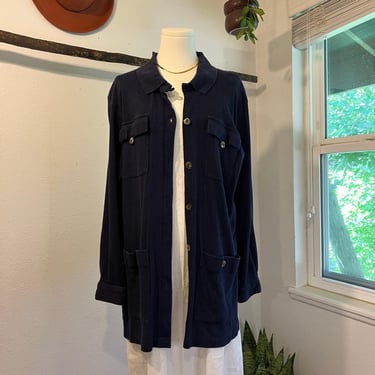 Liz Claiborne Blue Linen Cotton Textured Ribbed Button Front Long Jacket Size L 