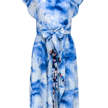 Rebecca Taylor - Blue & White Marbled Tie-Waist Dress w/ Contrasting Trim Sz 6