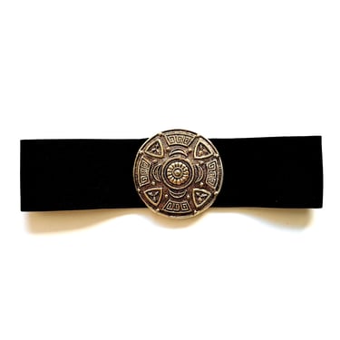 Vintage Gold Medallion Belt 1980s Large Buckle Wide Black Belt 80s Accessories 