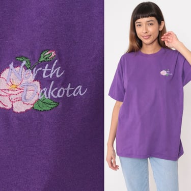 North Dakota Shirt 90s Purple Floral Embroidered Shirt Prairie Rose Travel US State Graphic Shirt Vintage Tee 1990s Extra Large xl 