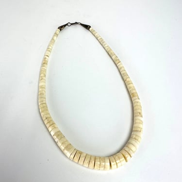 Vintage Navajo White Graduated Heishi Puka Shell Necklace Stamped Sterling Silver Clasp 17