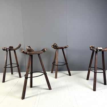 Mid century brutalist bar stools - set of 4, 1960s - vintage wooden bar stools - brutalist stools - oak bar stools - vintage bar stools 