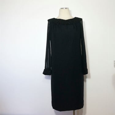 Black Vintage Cocktail Dress SMALL Classic 1960s LBD Shift Crochet Tinsel Collar & Cuffs w/ Sparkle Clingy Sheer Sleeves Little Black Dress 