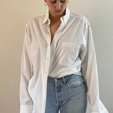 minimalist pocket shirt blouse / vintage 80s white cotton oversized capsule boyfriend office pocket shirt blouse | Large 