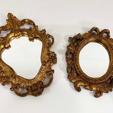 Vintage Gold Italian Pair of Mirrors Set 2 Mirror Florentine Gold Rococo Frame Italian Resin Gilt Frame Italy Framed Wall Hanging 1970s 