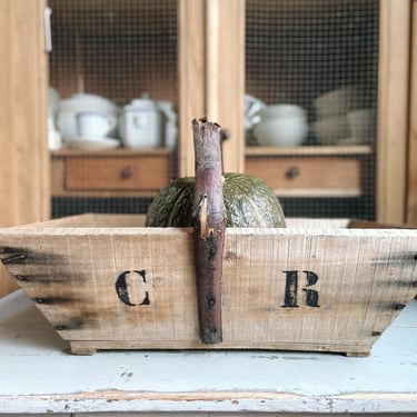 Beautiful vintage French farmhouse wooden trug, basket with initial CR 