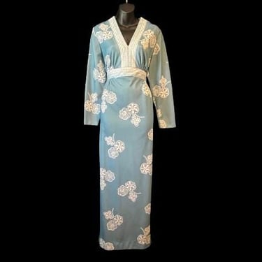 hippie floral maxi dress 1960s boho blue and white gown large 