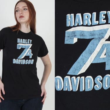 Vintage 1974 Harley Davidson Motorcycles T Shirt, Old Black Cotton Biker T Shirt M 