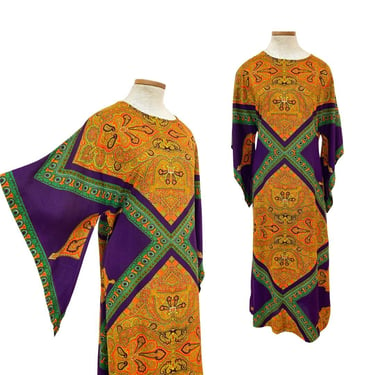 Vtg 70s Kaleidoscope Psych Psychedelic Print Angel Sleeve Hippie Tunic Dress 