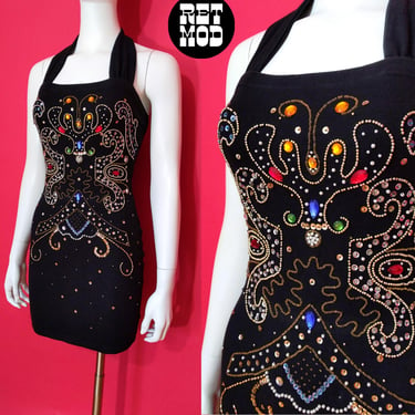 Cool Vintage 90s Black Stretch Halter Mini Dress with Bedazzled Beading & Sequins by Contempo Casuals 