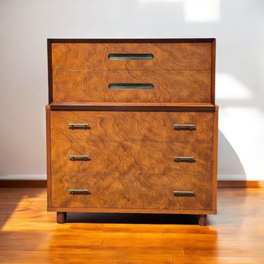 Art Deco Tallboy Dresser, Vintage Tallboy, Mid Century, Brass Pulls, Five Drawers, Bedroom, Unique 