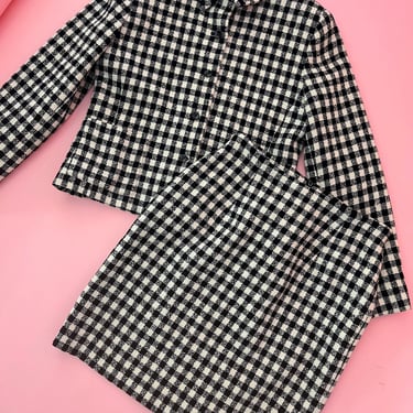 VTG 90s Rena Rowan Black and White Checkered Tweed Skirt Suit 