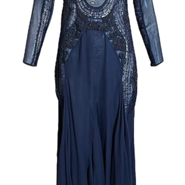 Roberto Cavalli 2000s Stunning Midnight Blue Sheer Mesh and Chiffon Heavily Embellished Long Sleeve Gown, NWT