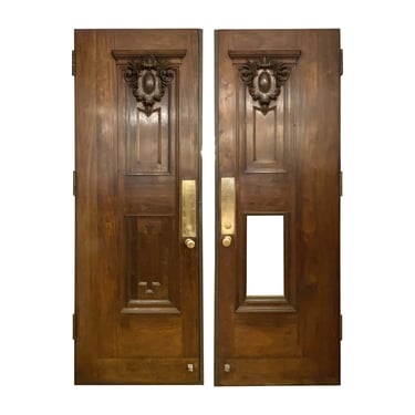 Carved Cartouche Solid Walnut Italian Entry Double Doors 94 x 66