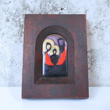 Czech Modernist Holy Family Enamel in Wood Frame - Abstract Religious Icon 