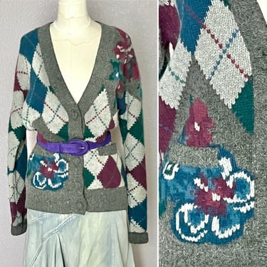 Vintage Argyle Wool Cardigan Sweater, Preppy Plaid, Floral, Angora Lambswool Blend, Pockets 