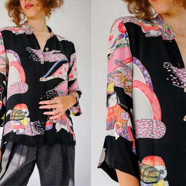 Vintage 90s Citron Santa Monica Black Silk Mandarin Collar Blouse w/ Pastel Cherry Blossom Garden Print | 100% Silk | 1990s Designer Top 