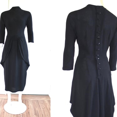 1940s Rayon Crepe Dolman Sleeve Mid Length Dress with Back Buttons 