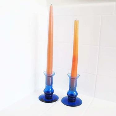 Vintage Blue Glass Candlesticks Set of 2  - Taper Candle Holder - - Best Friend Housewarming Gift - Tall Skinny Candle Holders 