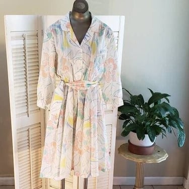 70s/80s Vintage Pastel Floral Print Dress w/Pockets  M/L 