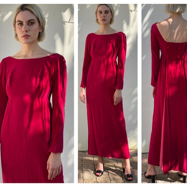 1960s Velvet Maxi Dress / Romeo and Juliet / Velvet Empire Dress / Long Velvet Gown in Hot Pink / Scoop Back Dress 