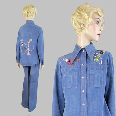 1970s Denim Pantsuit / Beaded Denim Suit / Cocktail Themed Suit / Custom Denim Suit / Size Medium 