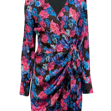 Andamane - Black w/ Blue & Pink Floral Print Wrap Dress Sz M