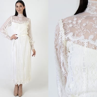 Dance Allure White Victorian Dress Vintage High Neckline Edwardian Gown 70s Sheer Lace Wedding Outfit 
